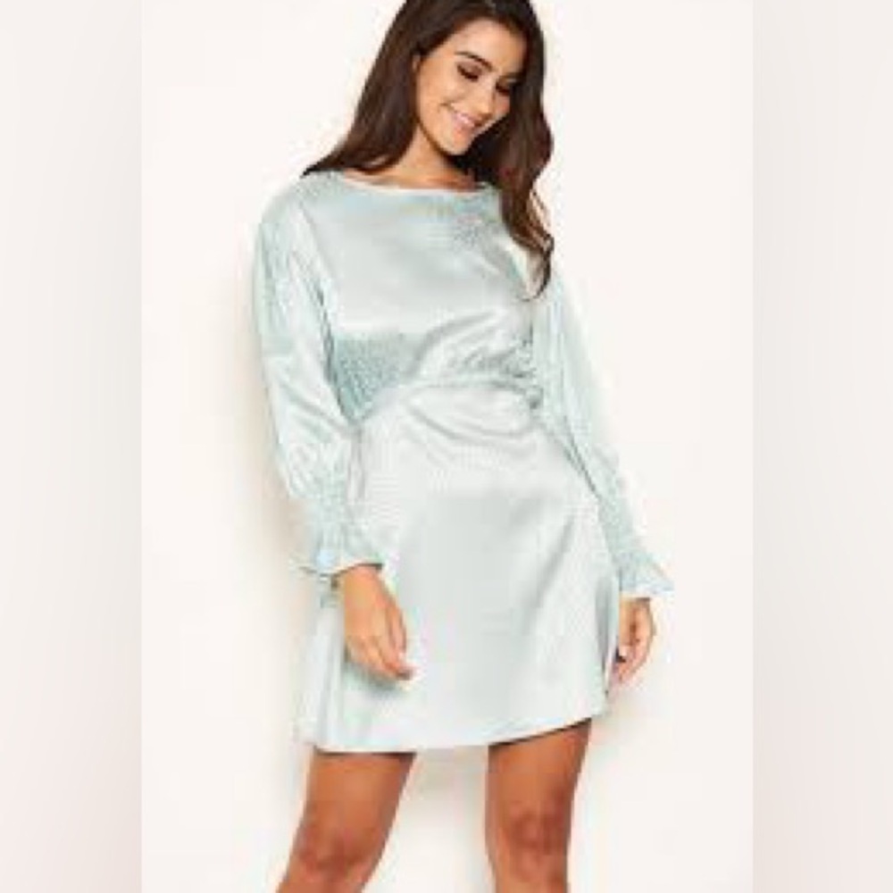 AX Paris Light Blue Long Sleeve Satin Dress Fit Flare A Line Size 8 $68